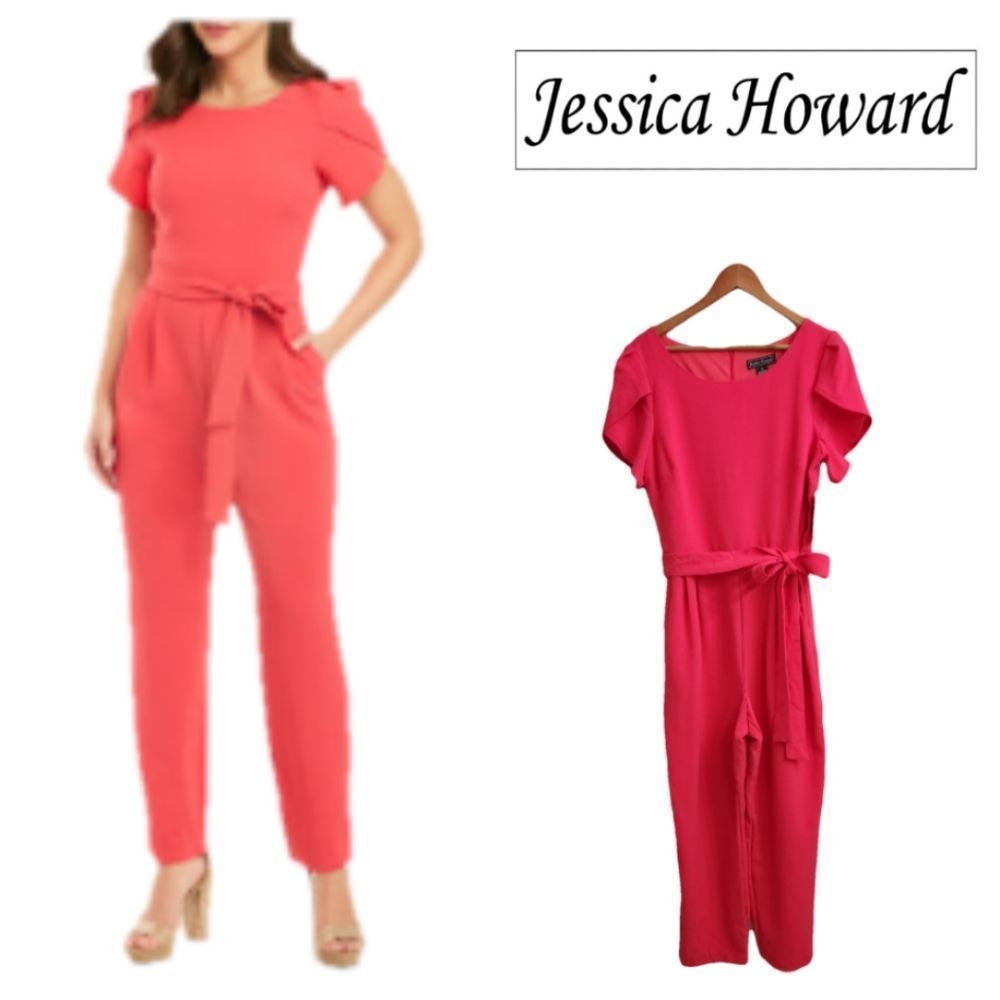 Jessica Howard Pink Petal Sleeve Tie Waist Jumpsuit Size 14